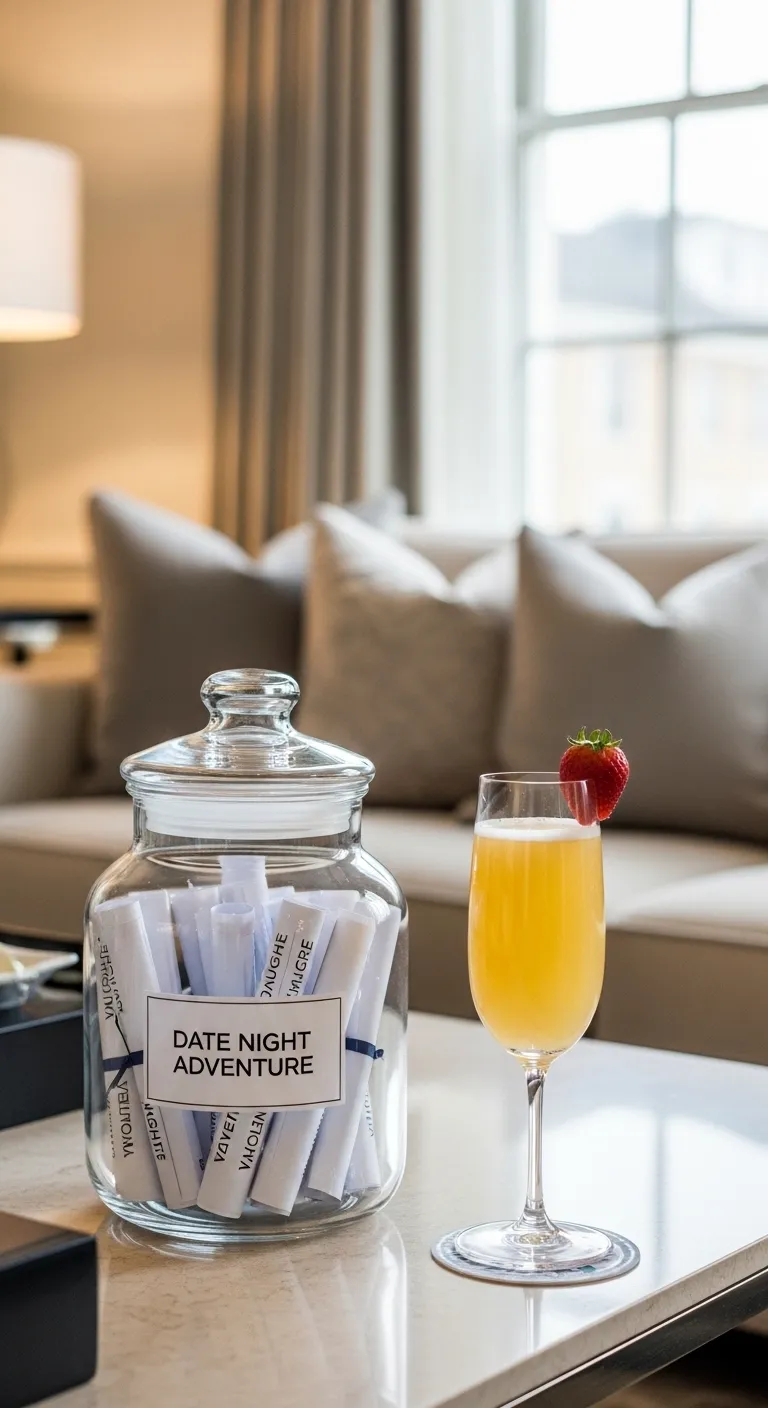 A voucher jar on a coffee table in a cozy modern living room