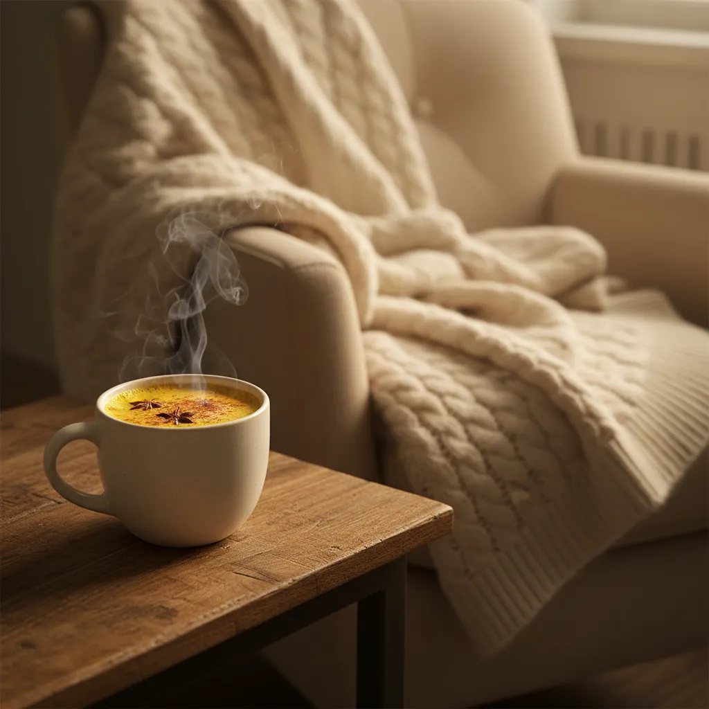 Steaming golden milk latte on a wooden table with a soft knitted throw and warm lighting