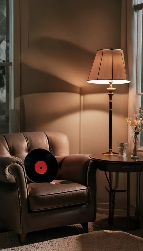 A comfortable leather armchair and side table creating a perfect nook for listening to vinyl records.