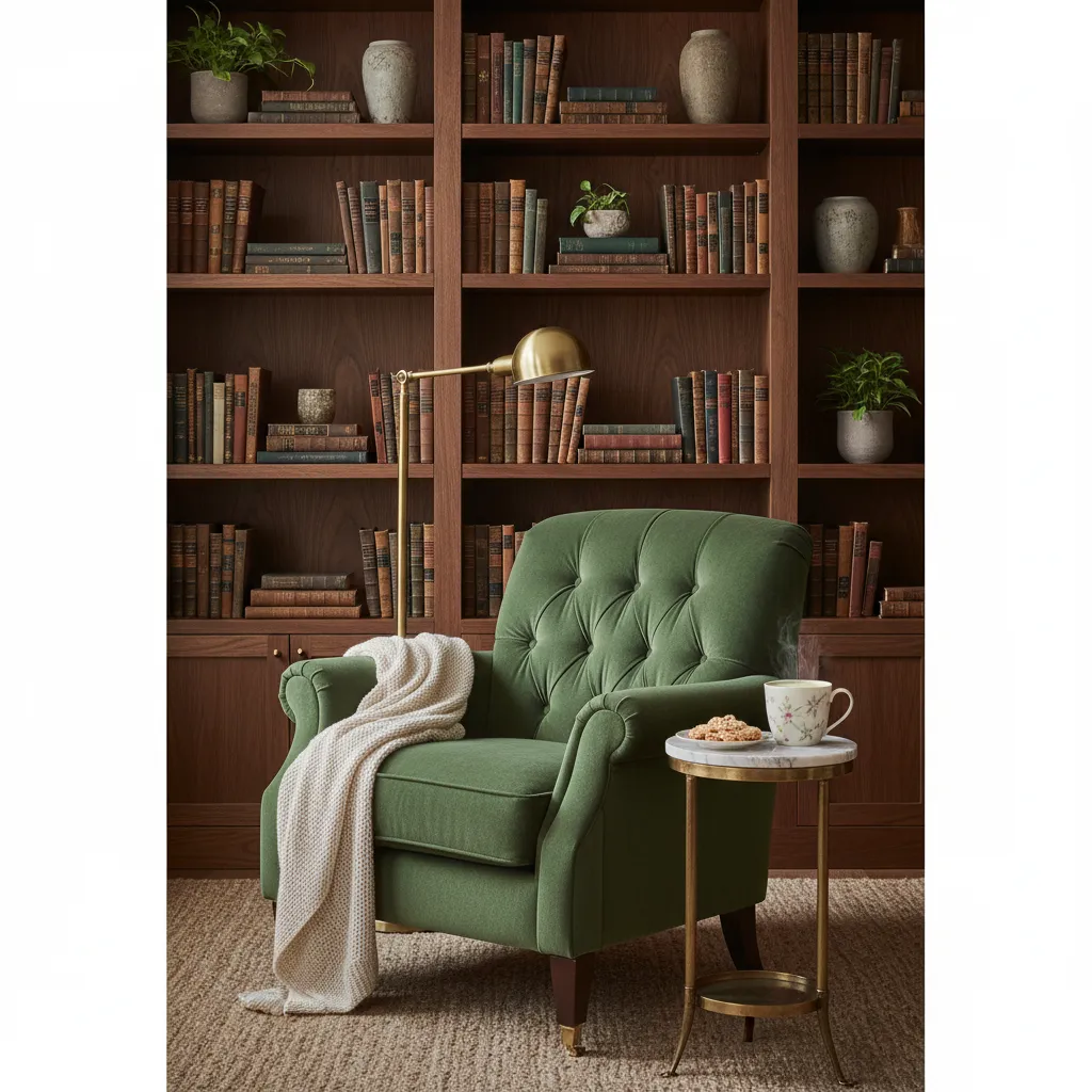 Green velvet armchair in a cozy home library with a hot raspberry matcha latte.