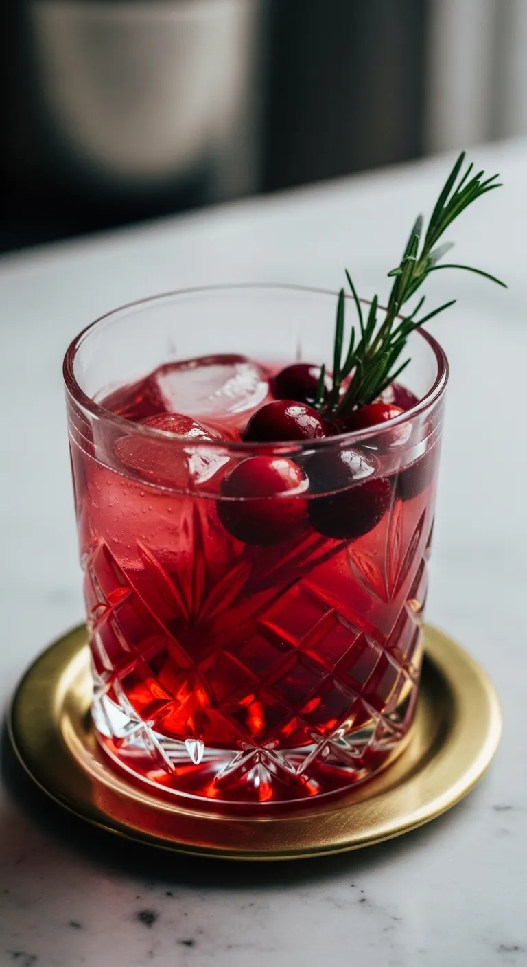 Cranberry orange spritz mocktail in crystal glass with rosemary garnish on brass coaster