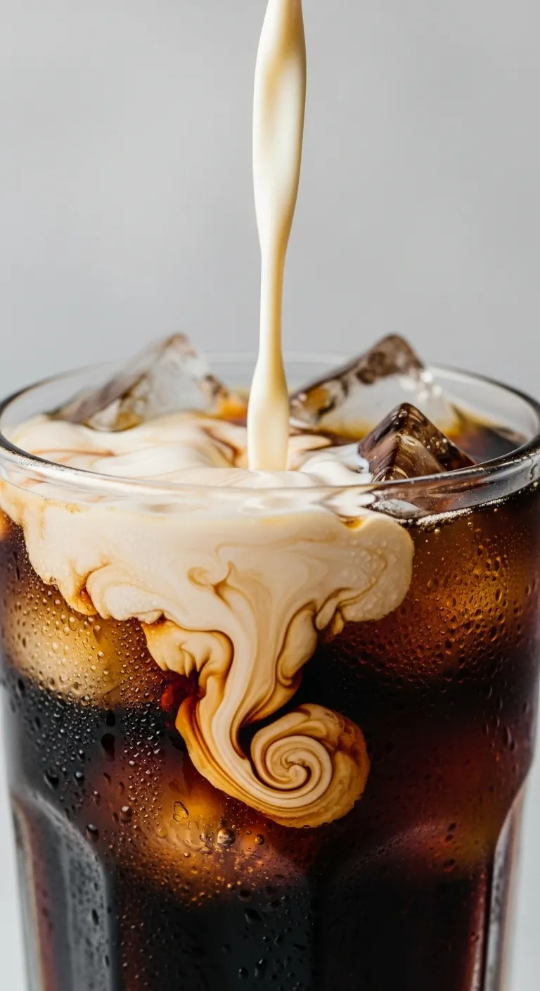 Heavy cream mixing into soda creating a marble texture effect