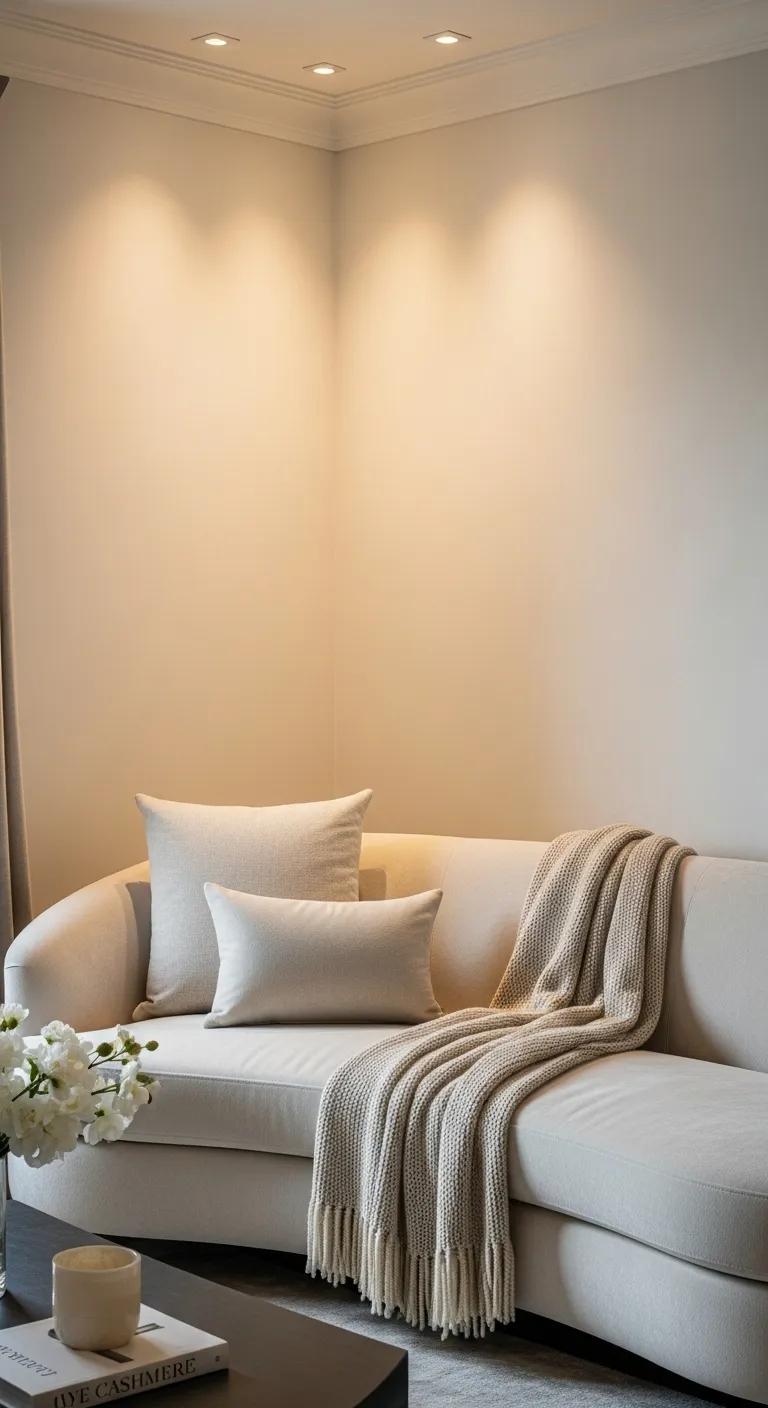 Cream velvet sofa with cashmere throws in a warm luxury living room
