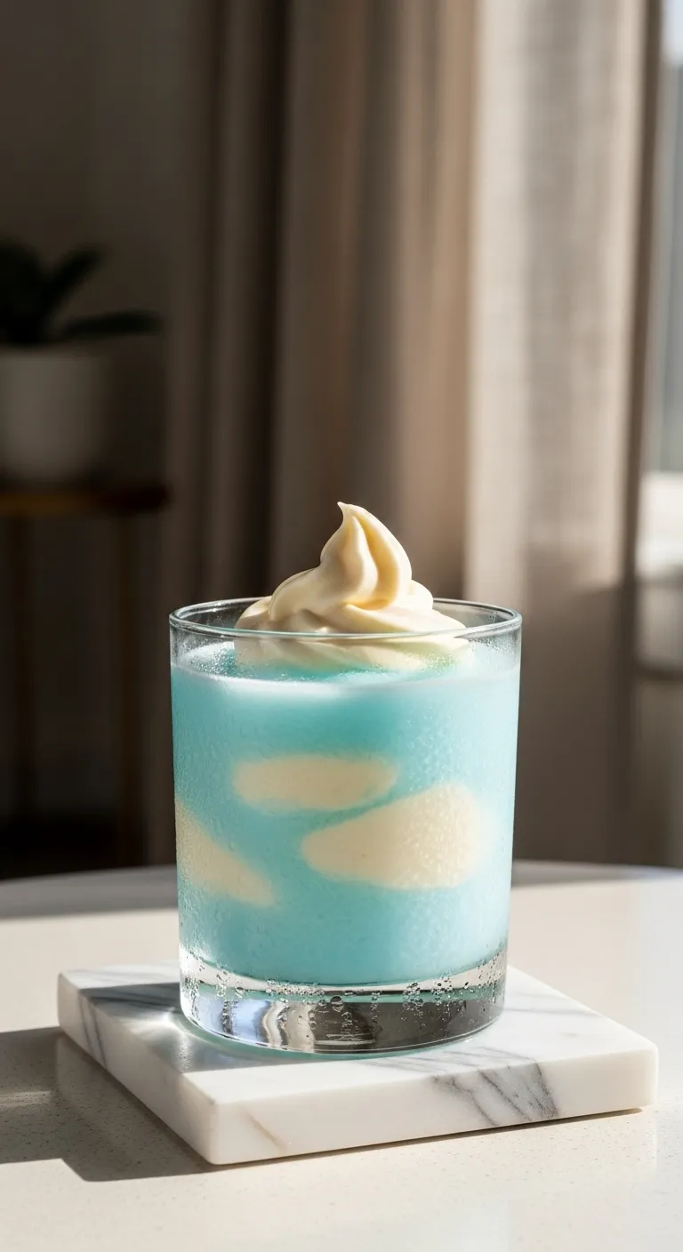 Pastel blue frozen drink with cream swirls on a marble coaster in a sunlit room