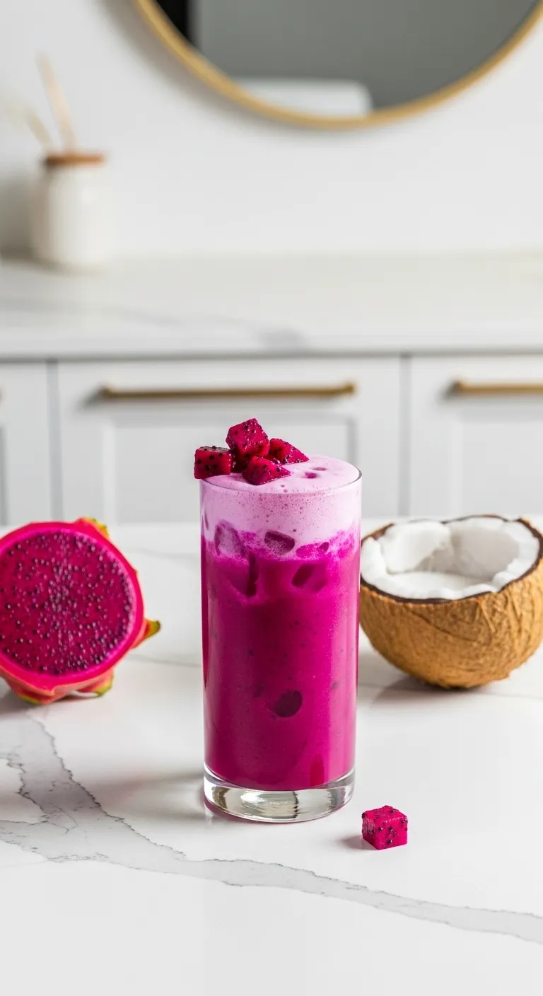 Magenta dragonfruit refresher with coconut milk in a tall glass on a kitchen counter