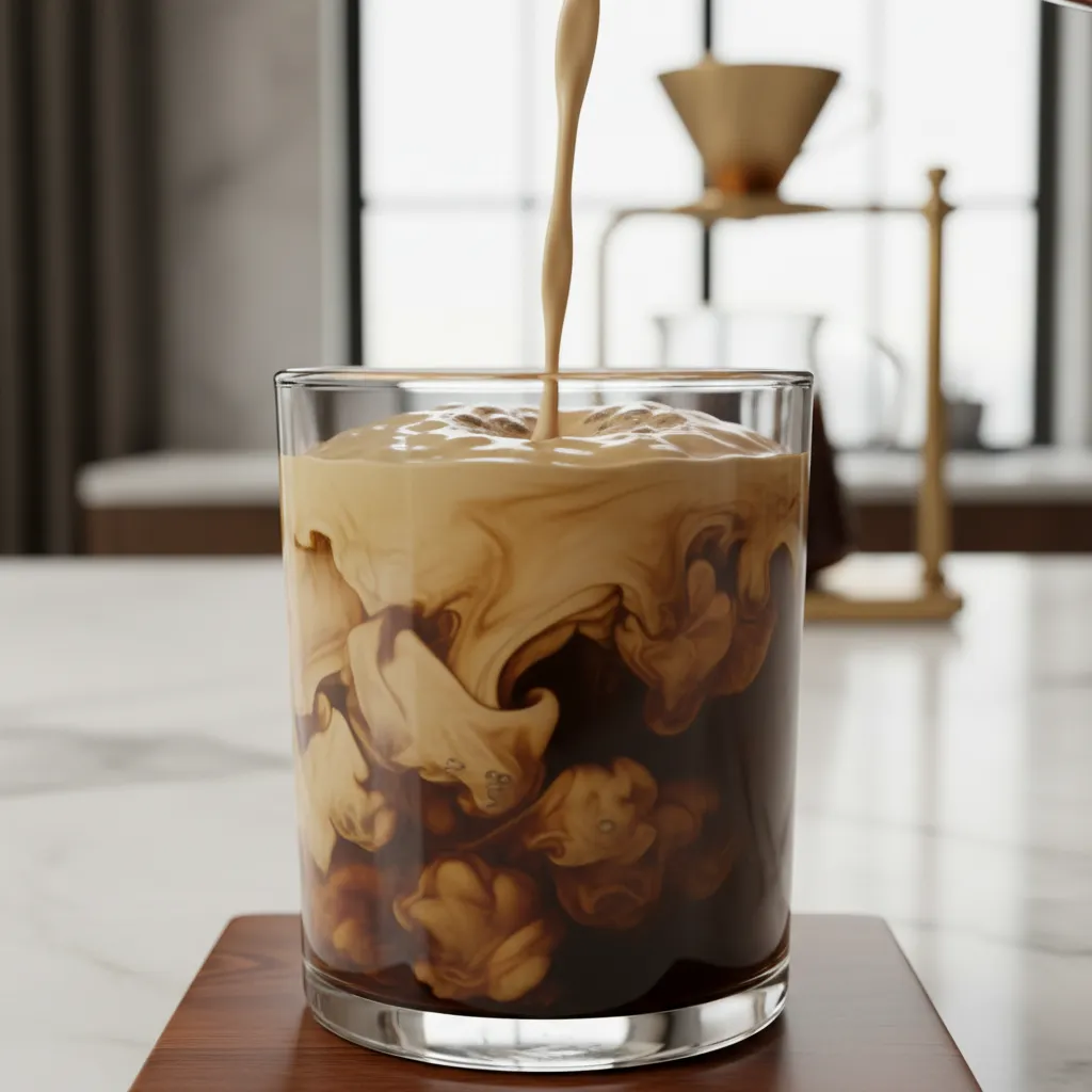 Oat milk swirling into espresso showing creamy texture
