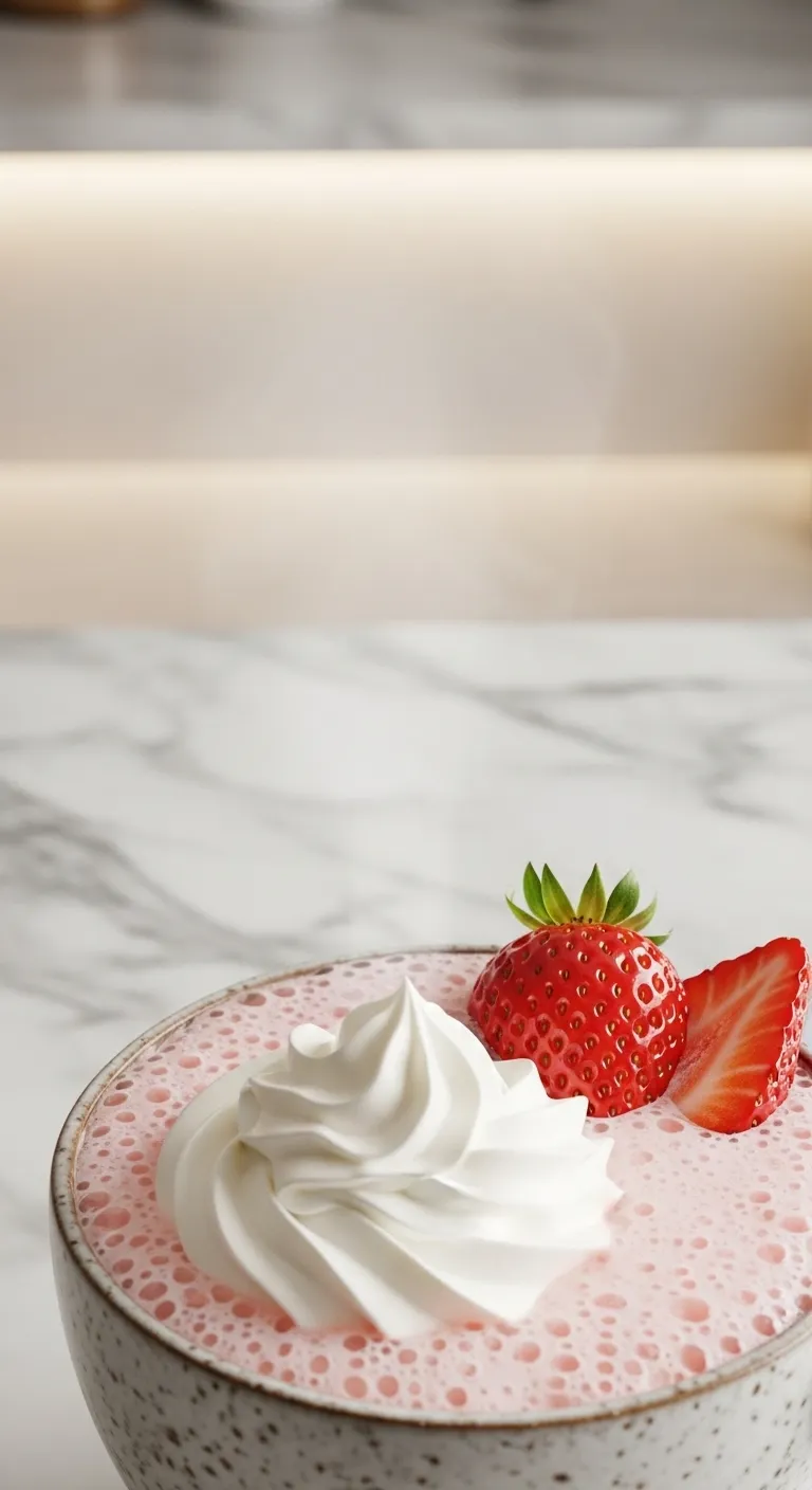 Pink white chocolate strawberry steamer in a ceramic mug with whipped cream