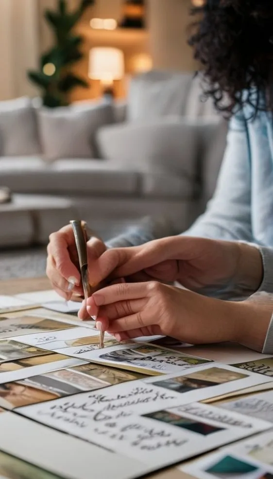 Hands carefully placing a photograph into a memory scrapbook, showing the process of creating a personal gift.