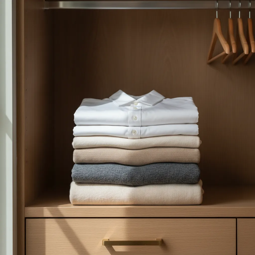 Folded neutral sweaters in an organized closet