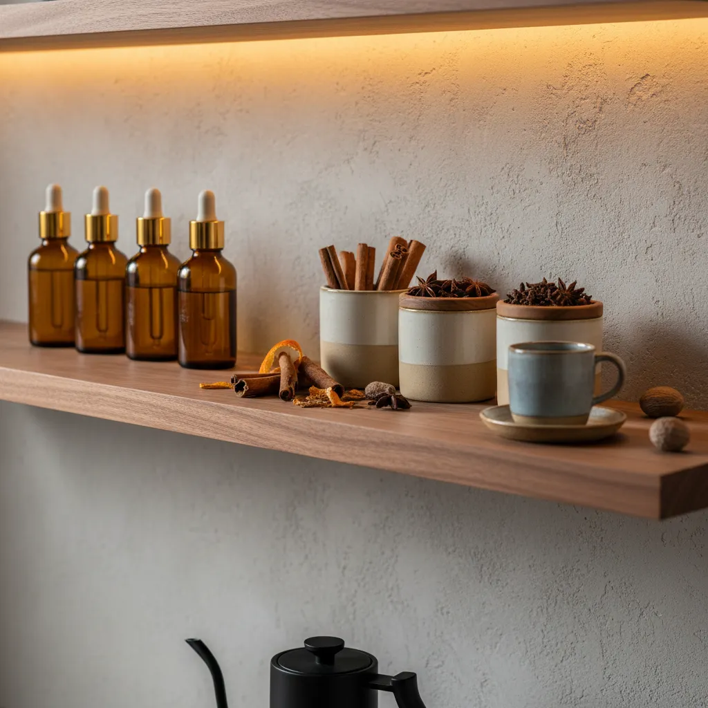 Walnut shelf with amber glass bottles and ceramic jars for coffee spices