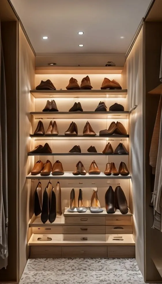 Organized shoe shelves with different heights for boots and heels