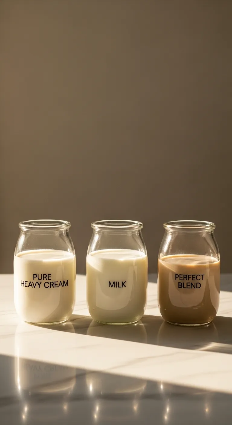 Glass jars showing different ratios of heavy cream and milk for coffee