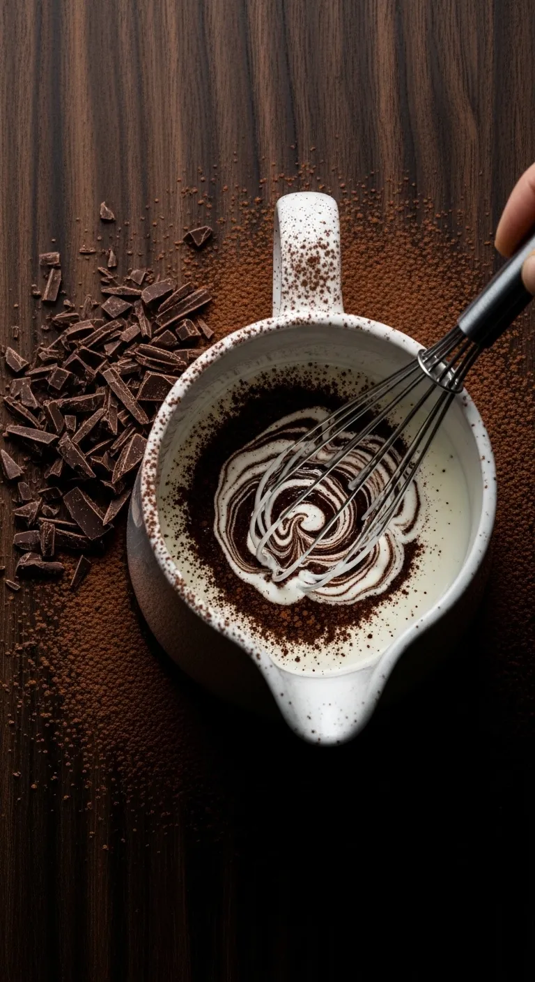Whisking dark cocoa powder into heavy cream for a mocha flavor infusion