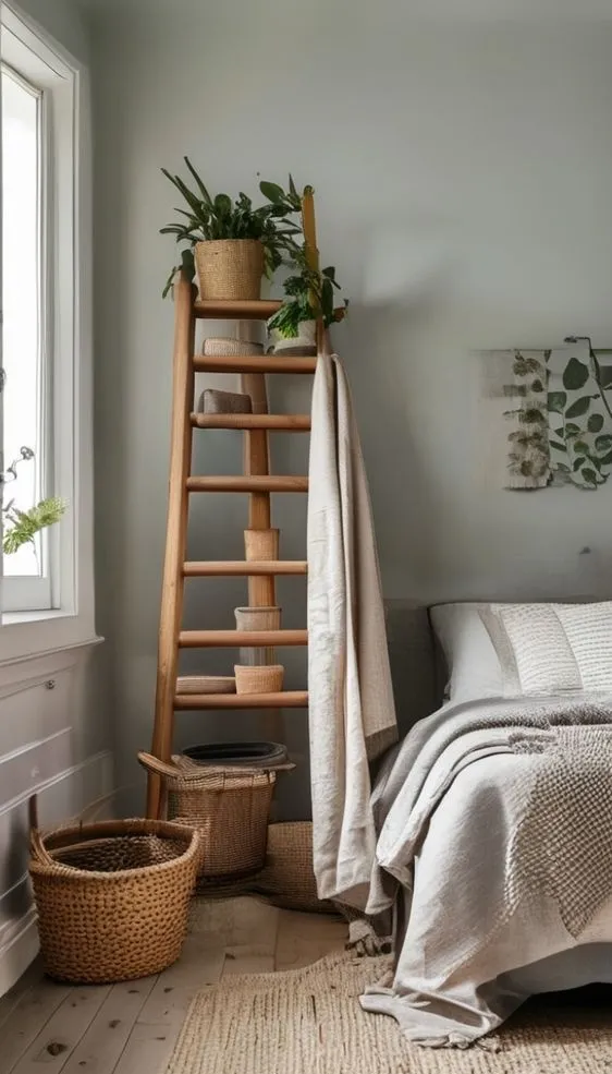 A rustic wooden ladder used as a stylish storage solution for blankets and throws in a minimalist bedroom corner.