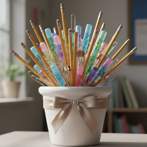 A creative bouquet made of school supplies like pencils and glue sticks arranged in a ceramic planter with a satin ribbon.