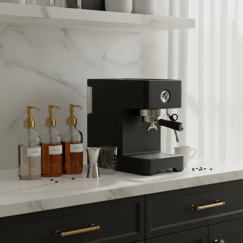 Stylish kitchen coffee station with syrup pumps and measuring tools