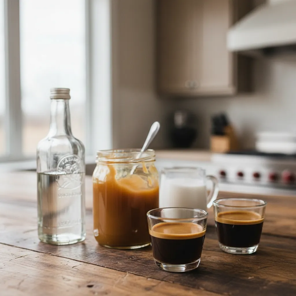 Espresso vanilla syrup and caramel sauce ingredients for homemade coffee