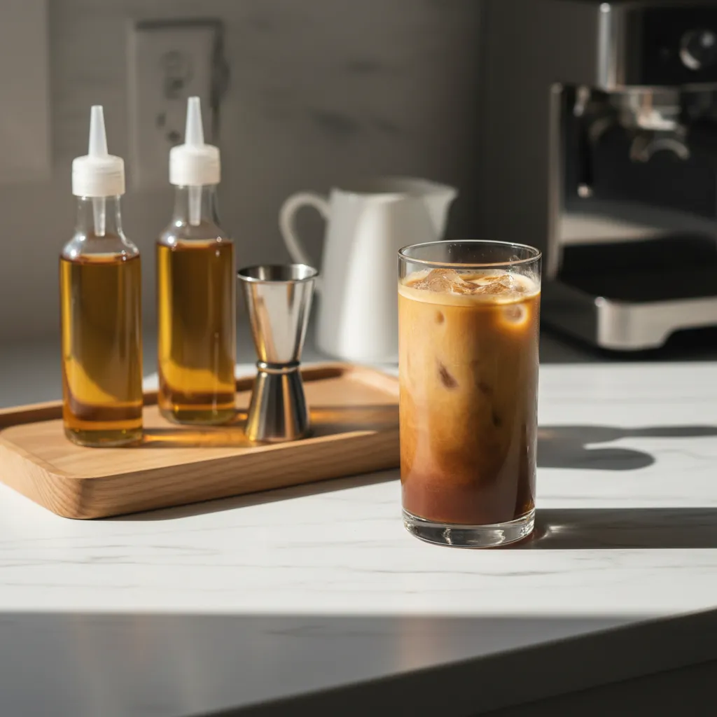 A stylish home coffee station with syrups and a jigger for making Dutch Bros drinks recipes diy.