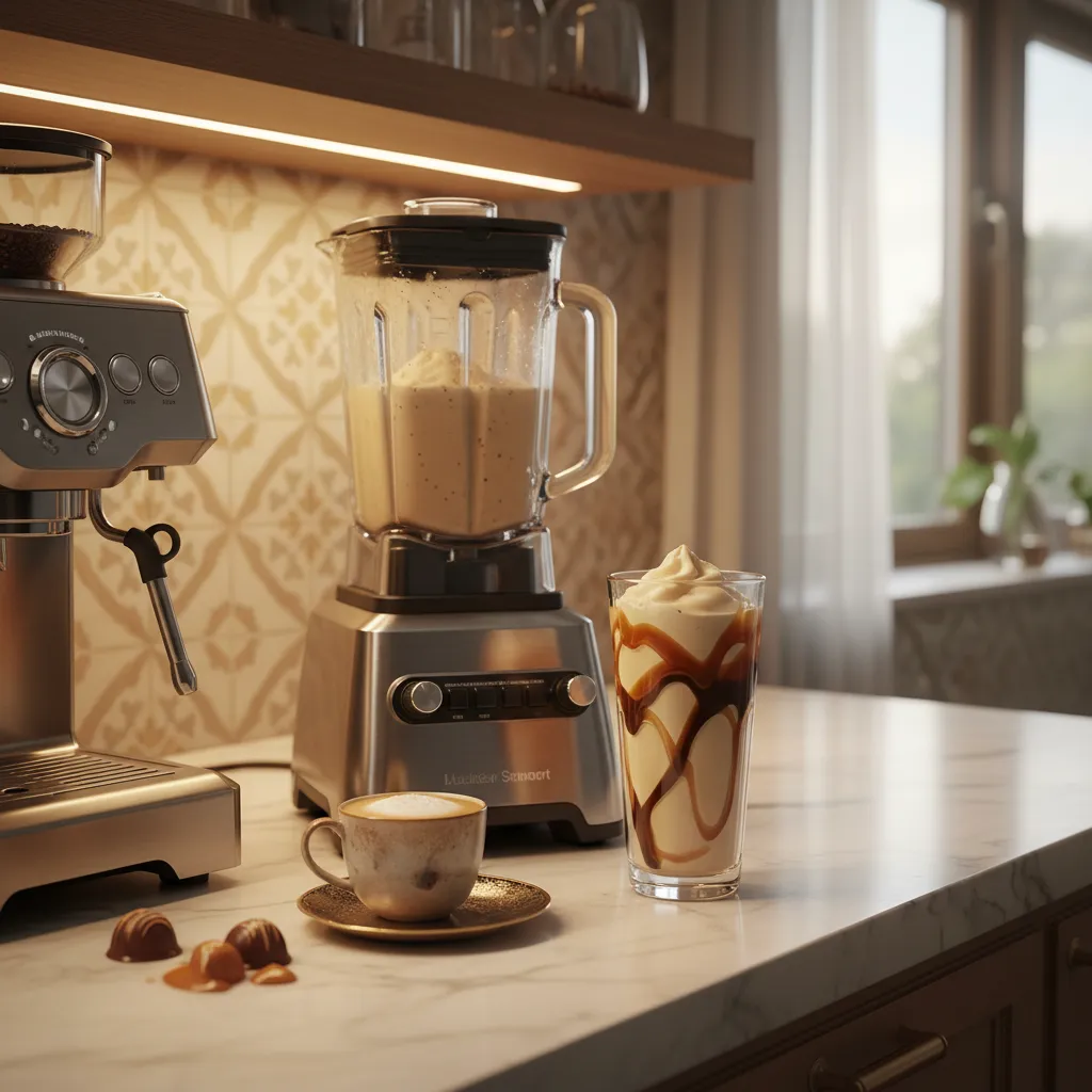 Luxury kitchen coffee bar setup with chocolate caramel freeze drink