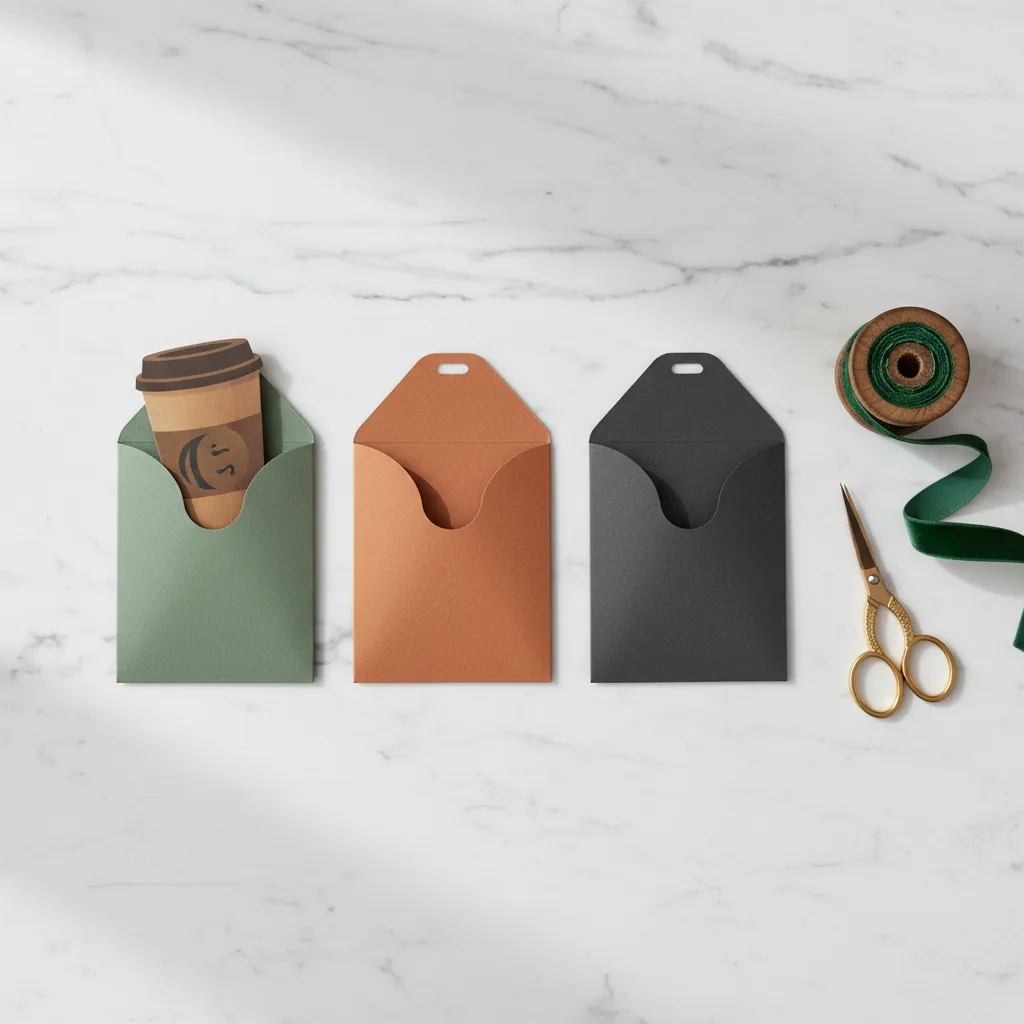 Textured cardstock gift card sleeves with velvet ribbon and scissors