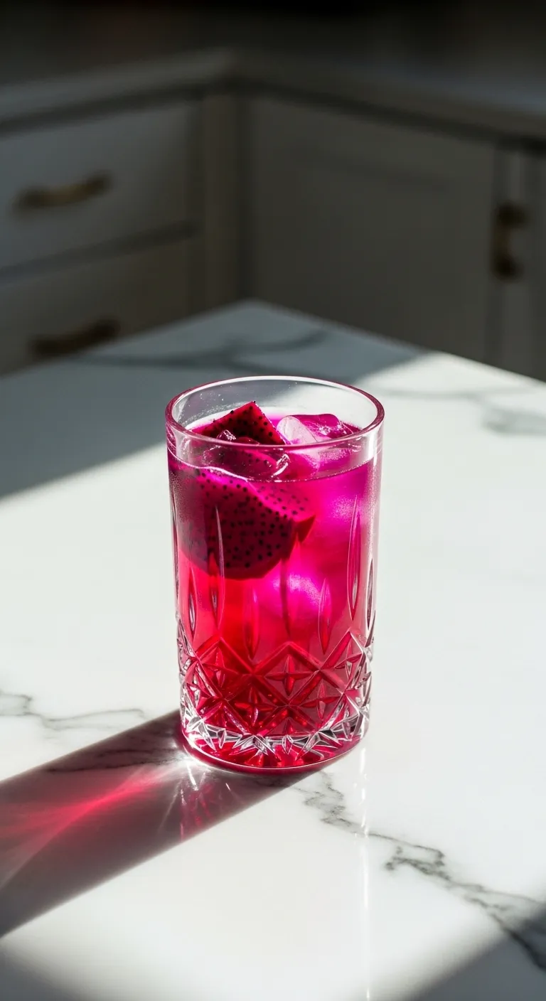 Magenta dragonfruit refresher drink on marble counter with natural light