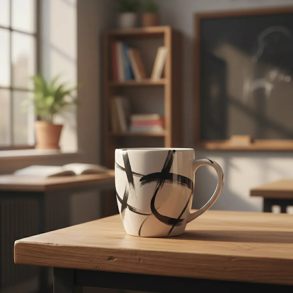 Personalized DIY sharpie mug on a wooden desk with natural lighting
