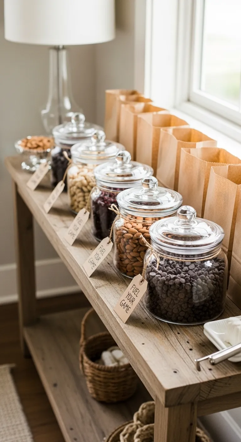 Rustic wood table with glass jars of nuts and fruit for a DIY trail mix station