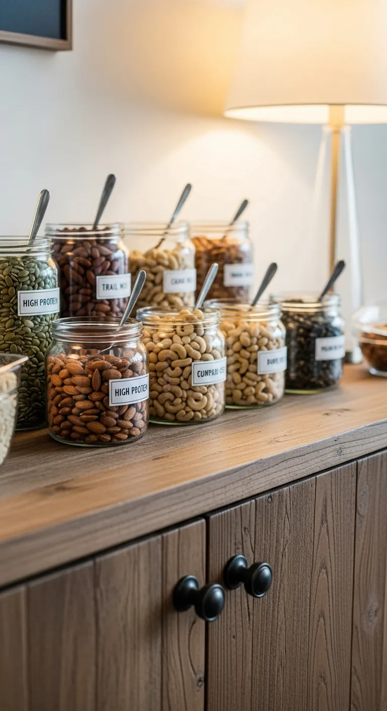 Rustic wooden trail mix bar with glass jars of nuts and seeds