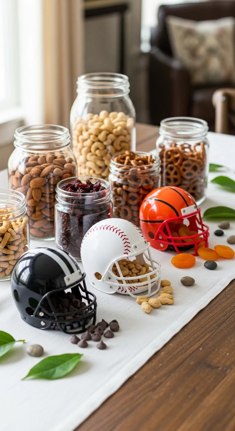 Elegant trail mix bar with sports themed serving vessels and variety of snacks