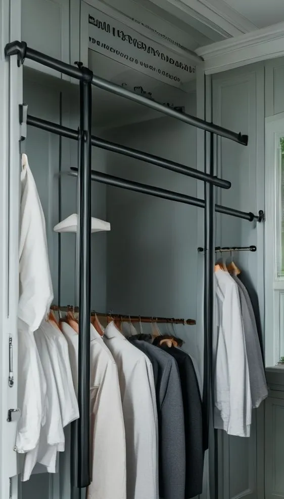 A tension rod installed in a small closet to create a second layer of hanging space for shirts and pants.