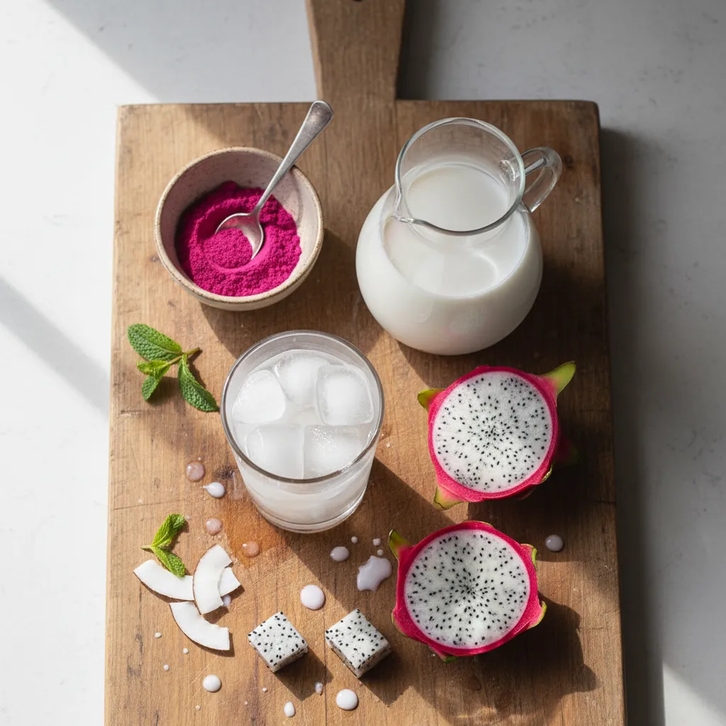 Ingredients for pink drink including dragon fruit powder and coconut milk
