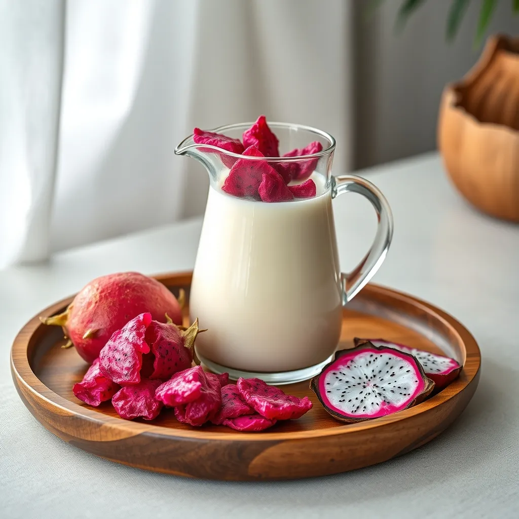 Freeze dried dragonfruit pieces next to a glass of coconut milk