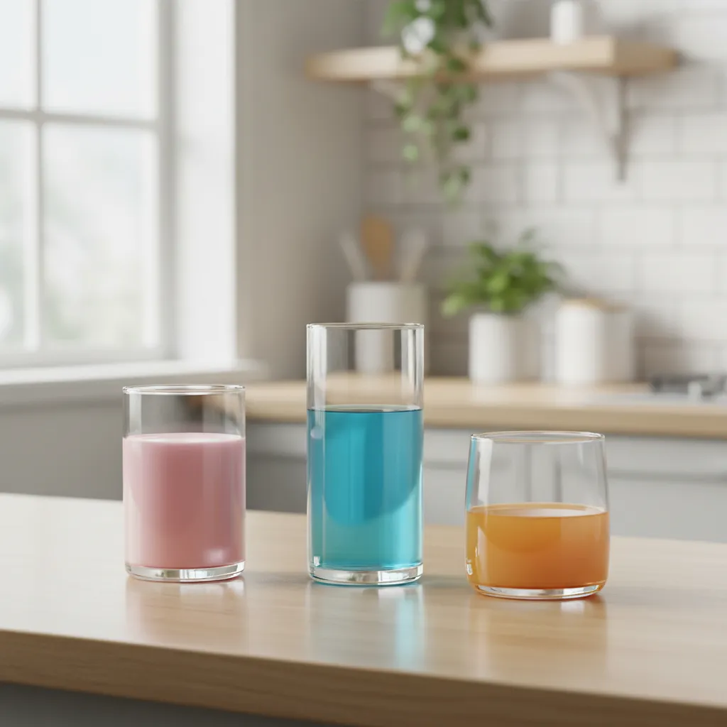 Three glasses showing liquid mix lines for different drink sizes