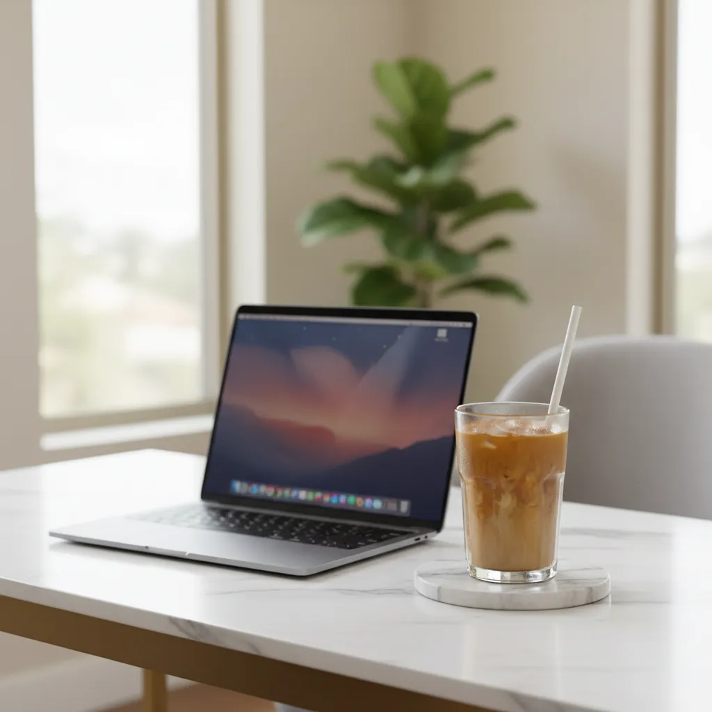 Iced Dunkin coffee on a marble coaster at a modern office desk