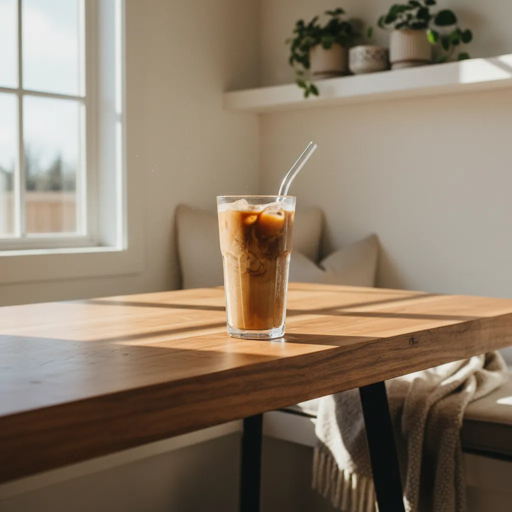 Tall glass of Dunkin iced coffee on a rustic wood table with natural sunlight