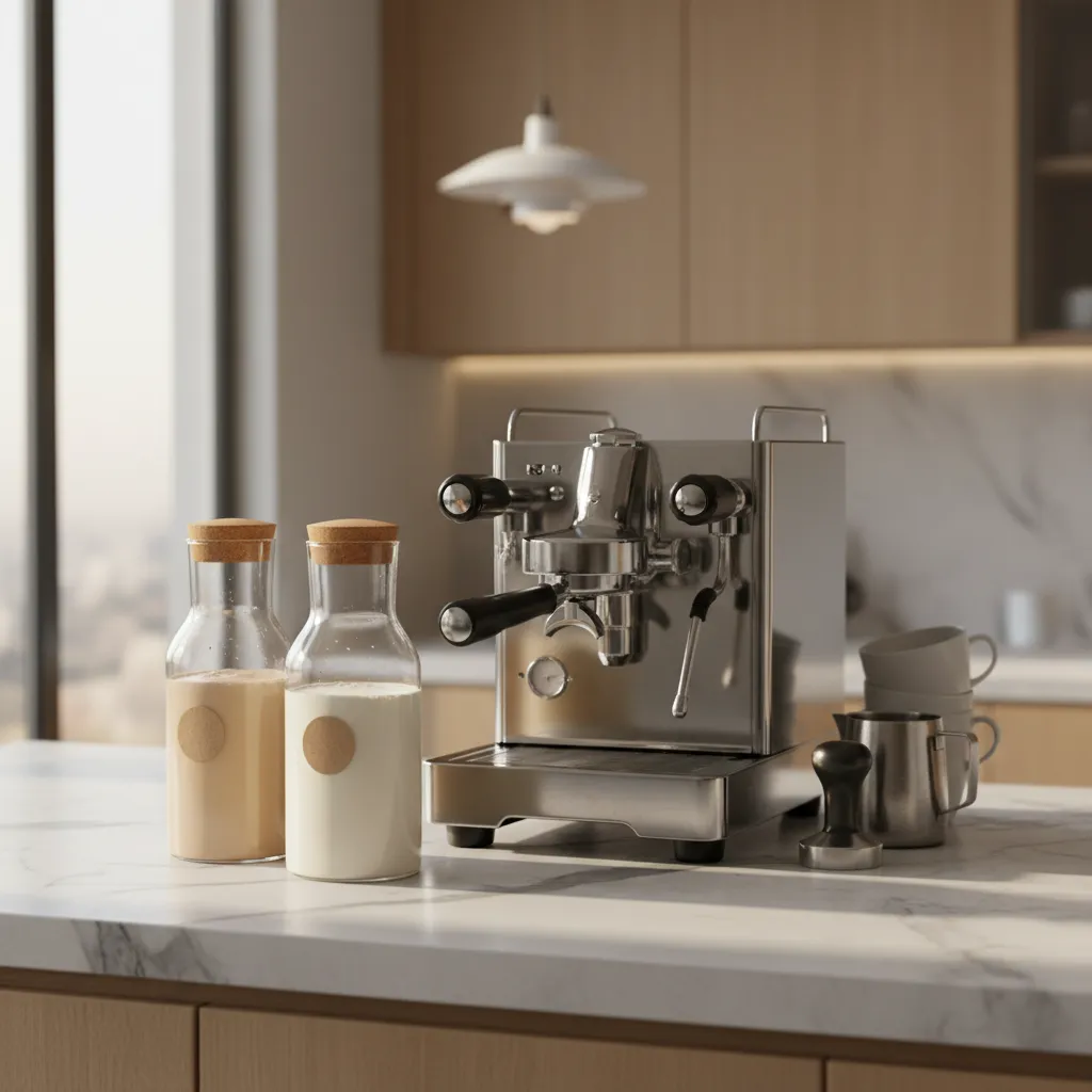 Glass carafes of oat and almond milk on a marble coffee bar