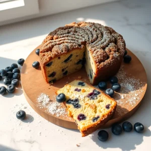 A moist blueberry coffee cake with cinnamon streusel topping on a wood board in a modern kitchen.