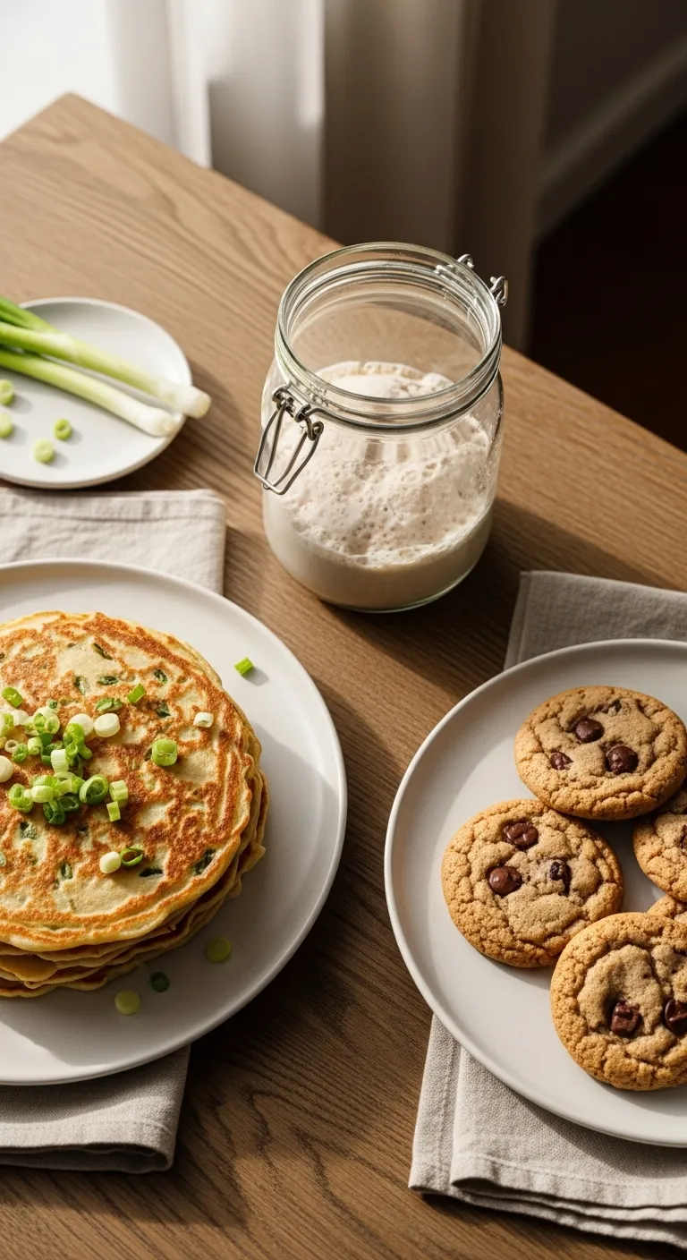 Overhead view of savory scallion pancakes and soft chocolate chip cookies made from sourdough starter discard on a rustic wooden table.