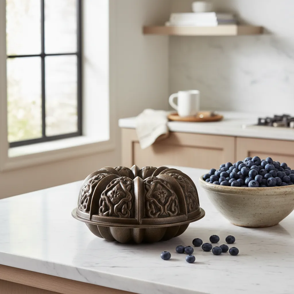 Ornate metal Bundt pan on a marble countertop
