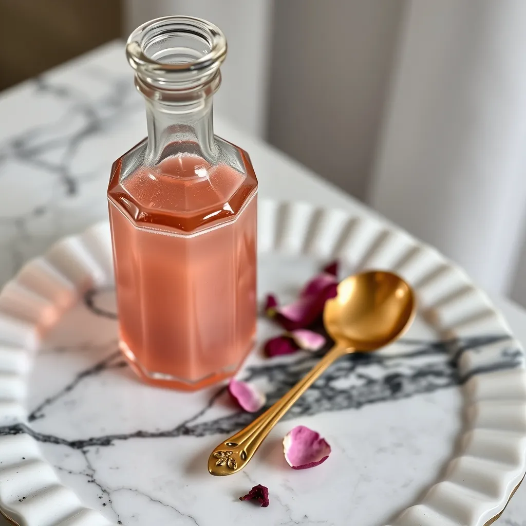 Glass bottle of pink cardamom rose syrup on a marble tray with gold accents.