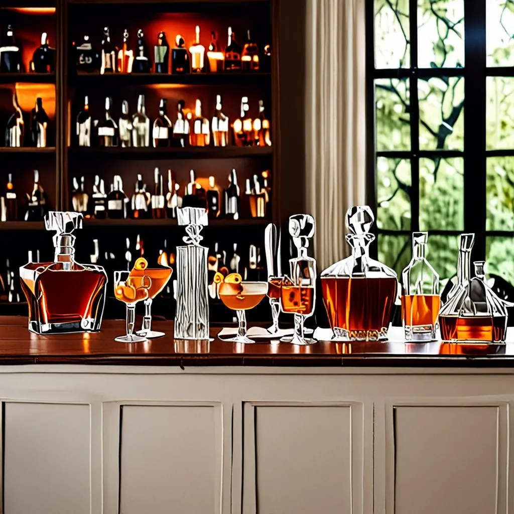 Dark mahogany wedding bar with crystal glassware and warm lighting