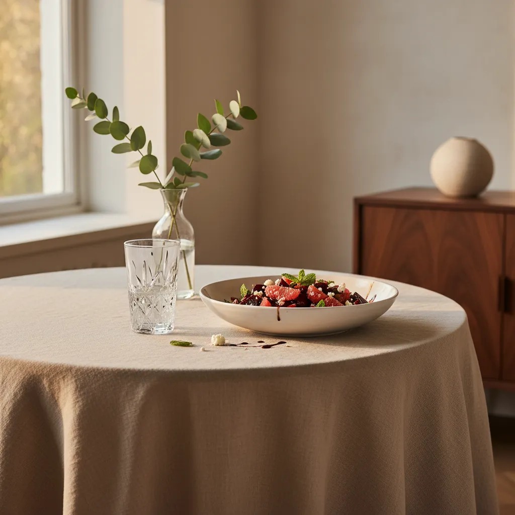 Close up detailed shot of dining table setting with linen tablecloth and salad bowl