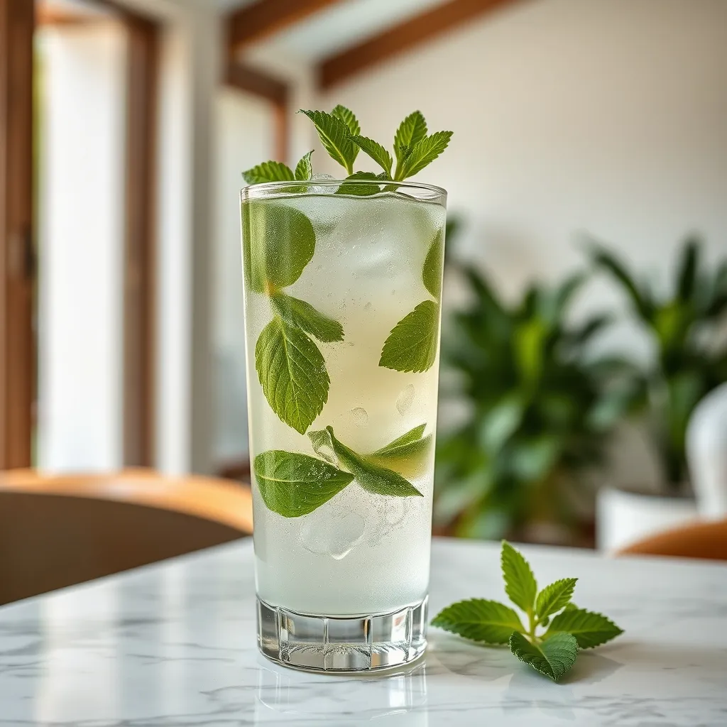 Crystal glass with a refreshing mojito and fresh mint garnish on marble
