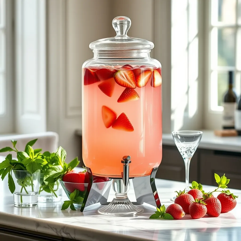 Large crystal dispenser with pink rosé sangria and fresh fruit