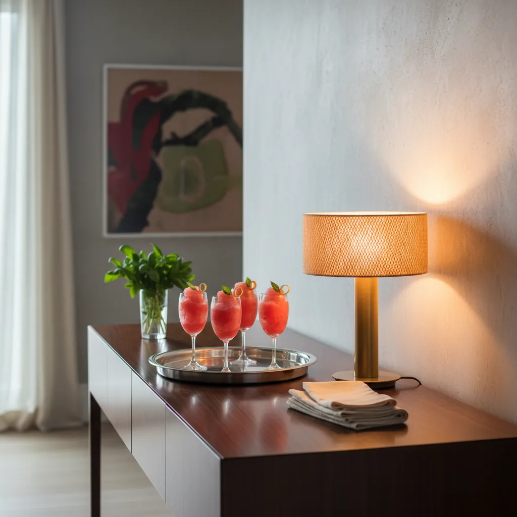 Styled dessert station with silver tray holding sorbet glasses and fresh basil decor