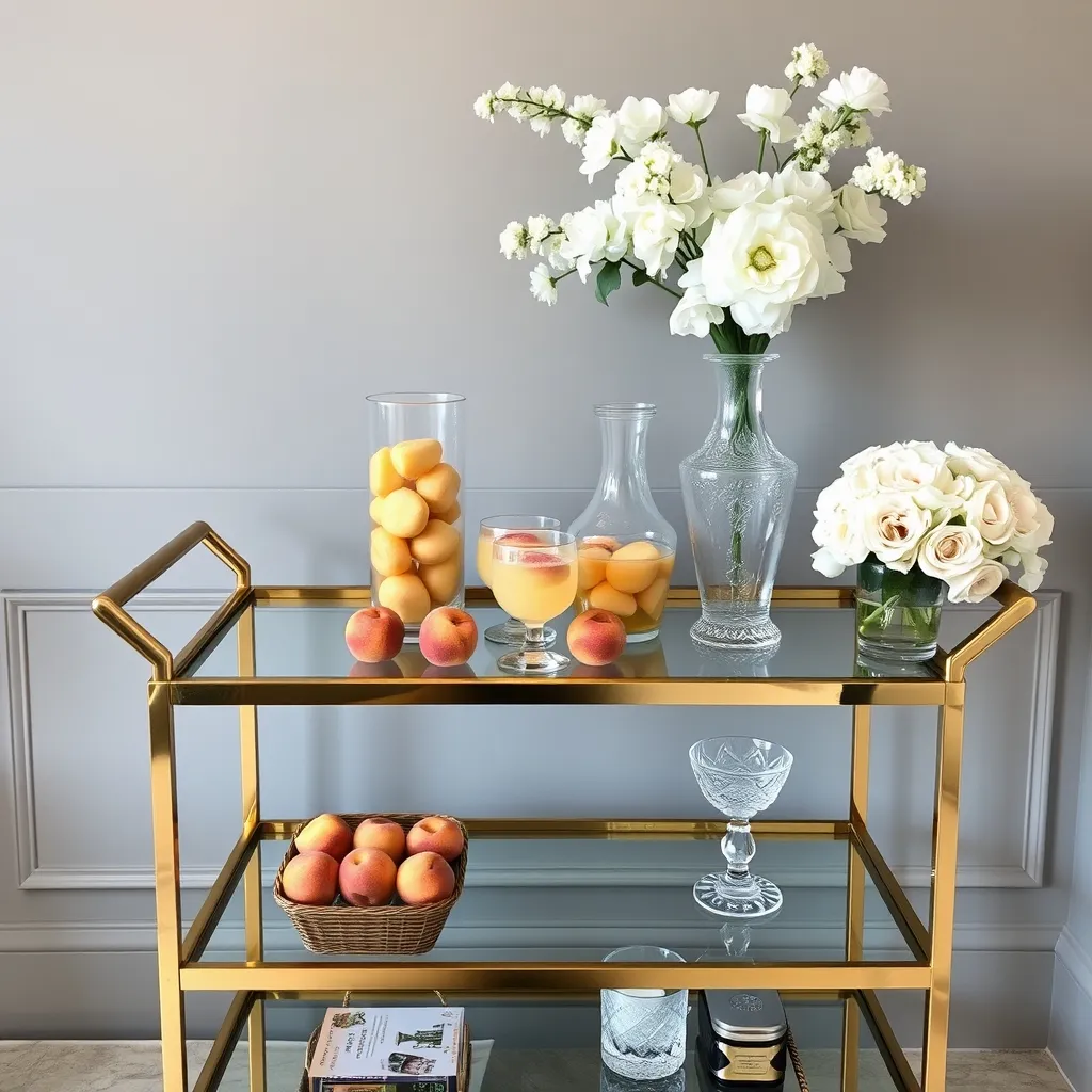 A brass bar cart with wedding mocktail ingredients.