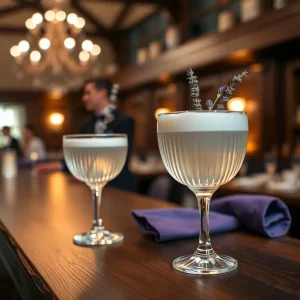 A sophisticated wedding bar setup featuring lavender gin fizz signature drinks for wedding on a dark wood counter with warm lighting.