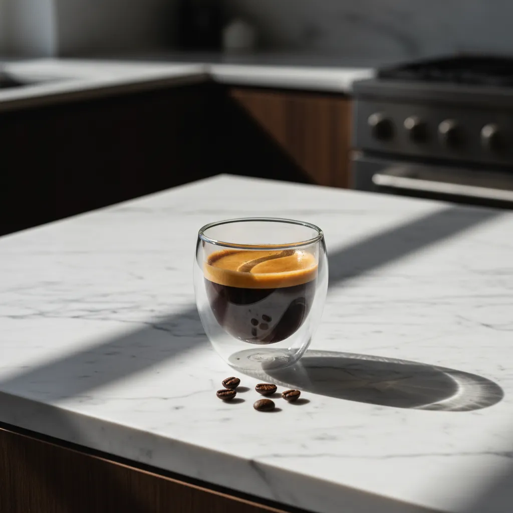 Fresh espresso shot with crema on a marble kitchen counter