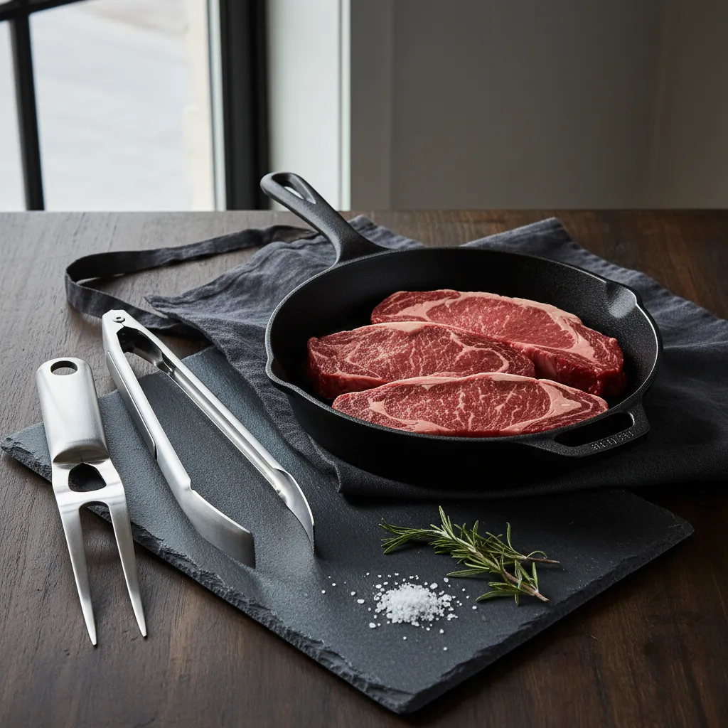 A flat lay of cast iron and stainless steel BBQ accessories