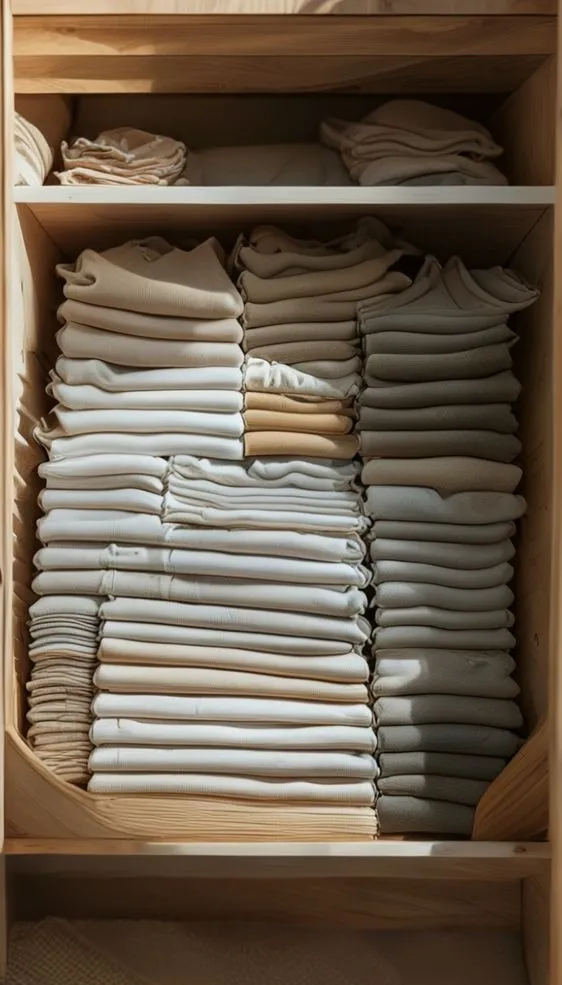 An overhead view of a closet drawer with neatly file-folded shirts organized by color.